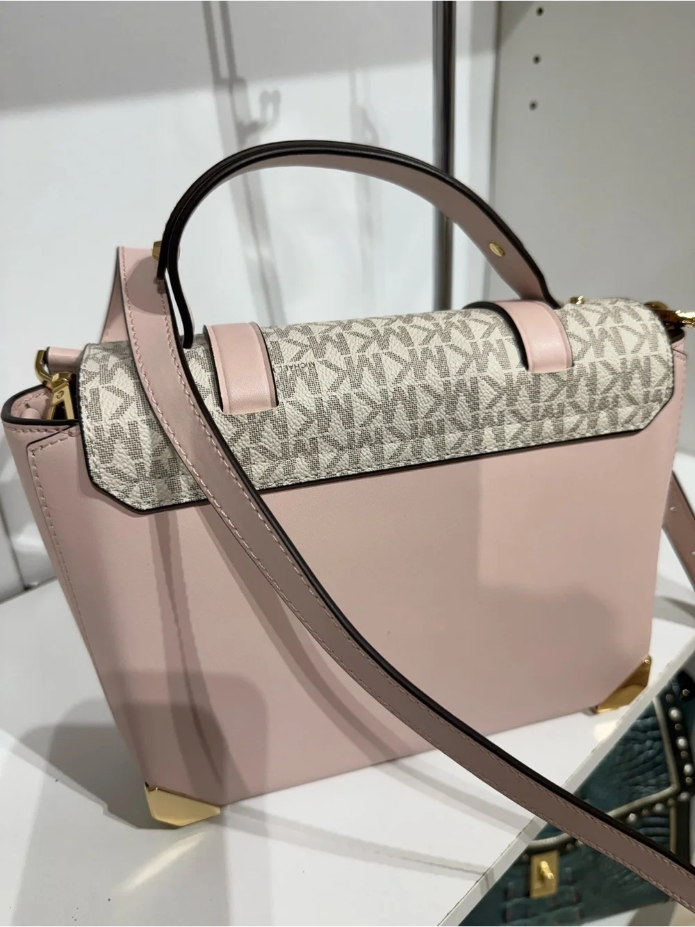 Michael Kors Manhattan Pale Pink and Cream Logo Satchel with Gold-Tone Hardware
